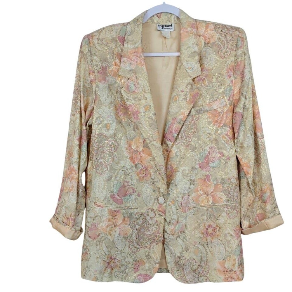 Michael & Company Vintage M Floral Paisley Tapestry Blazer Gold Peach Pastel - Picture 2 of 9